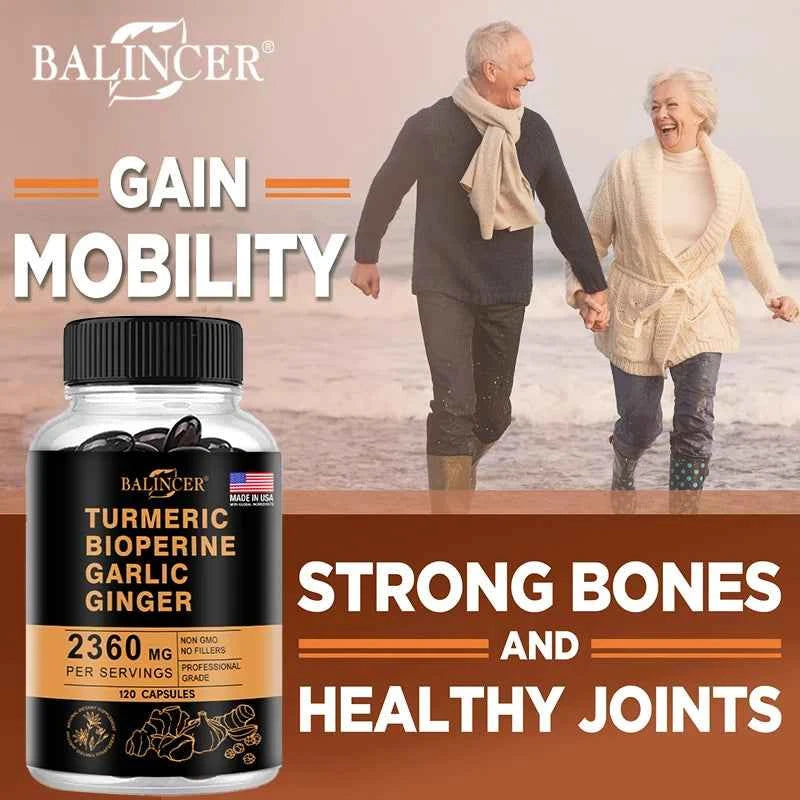 Balinser Turmeric Curcumin Capsules for strong bones and healthy joints in a vibrant lifestyle setting