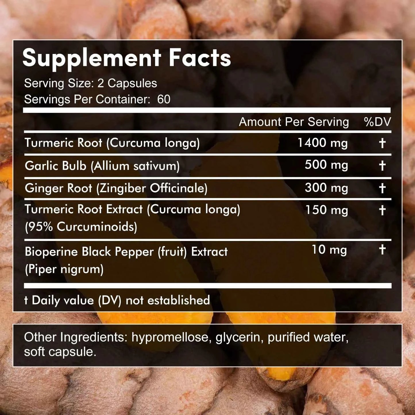 Supplement Facts for turmeric curcumin capsules showing ingredients and serving details