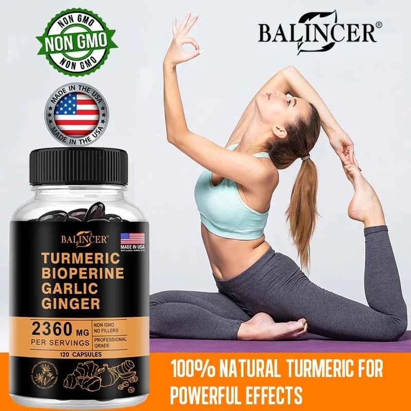 Balincer turmeric curcumin capsules bottle with 120 capsules featuring a woman practicing yoga for wellness
