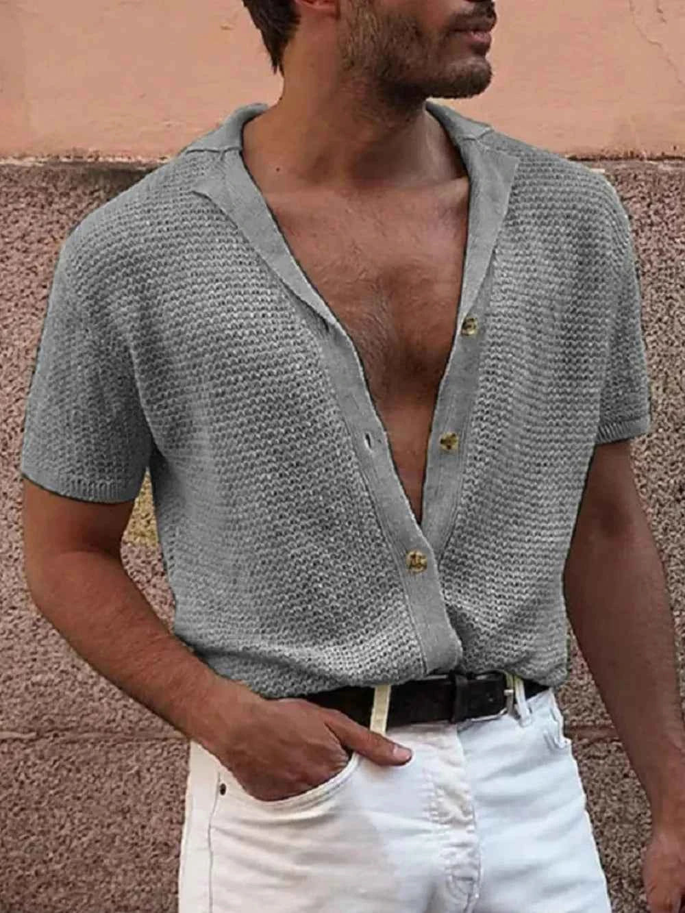 Men's Full Size Button Down Short Sleeve Shirt Plus Size Gray