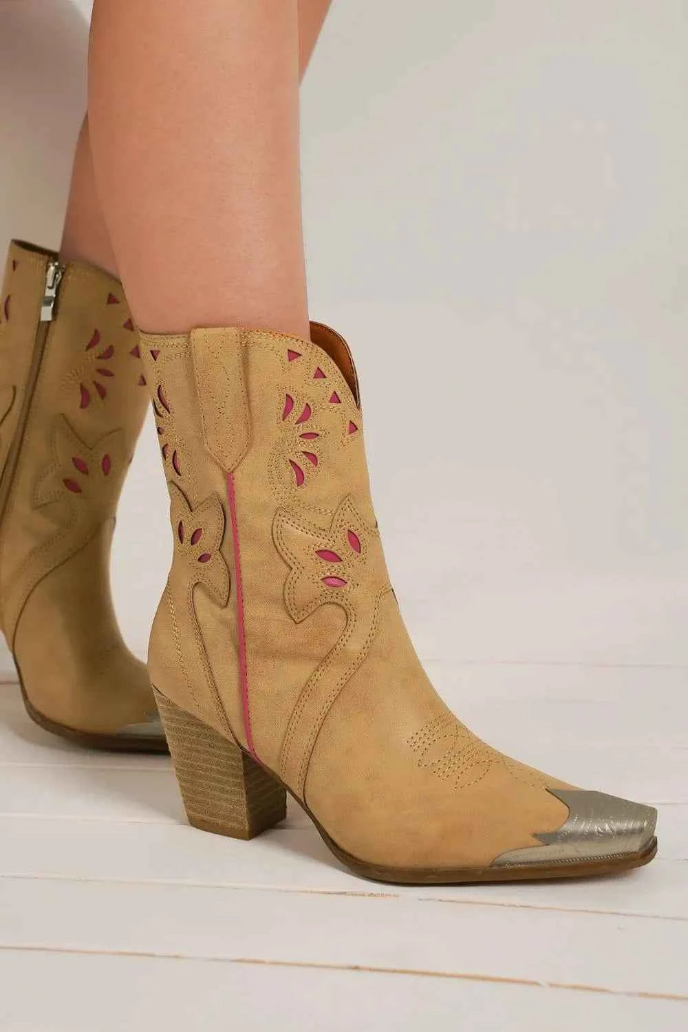 Premium Elite Beast Fashion Cut-Out Floral Embroidery Boots Camel 5.5
