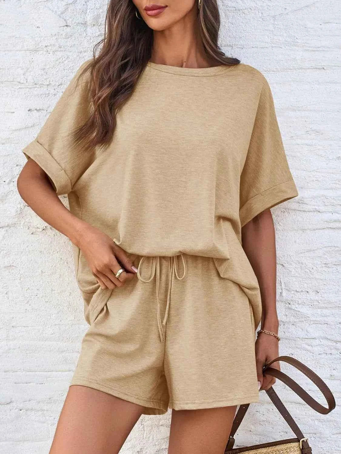 Round Neck Short Sleeve Top and Shorts Set