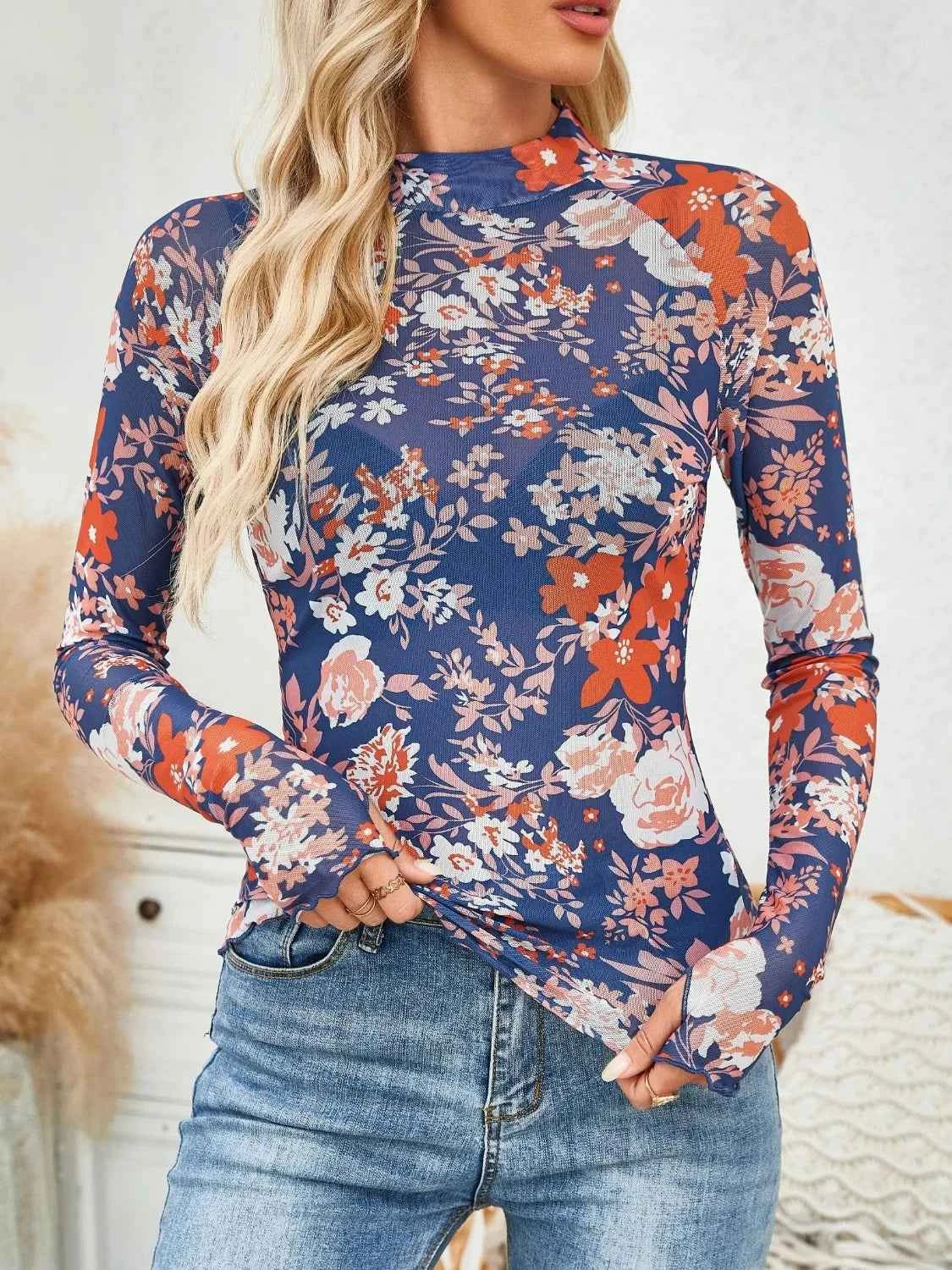 Floral Mock Neck Long Sleeve Top Light Indigo