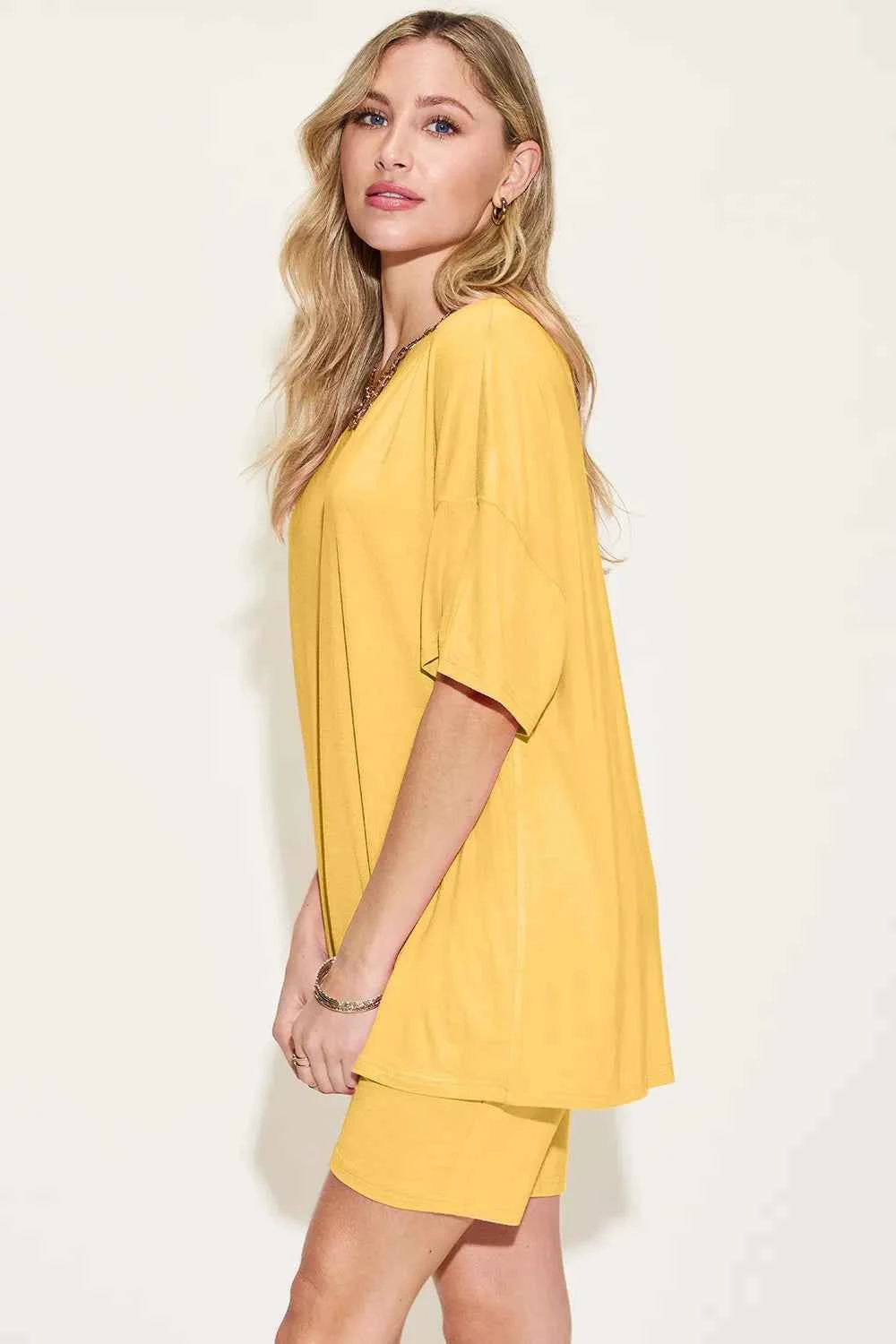 Basic Bae Bamboo Full Size V-Neck Drop Shoulder T-Shirt and Shorts Set