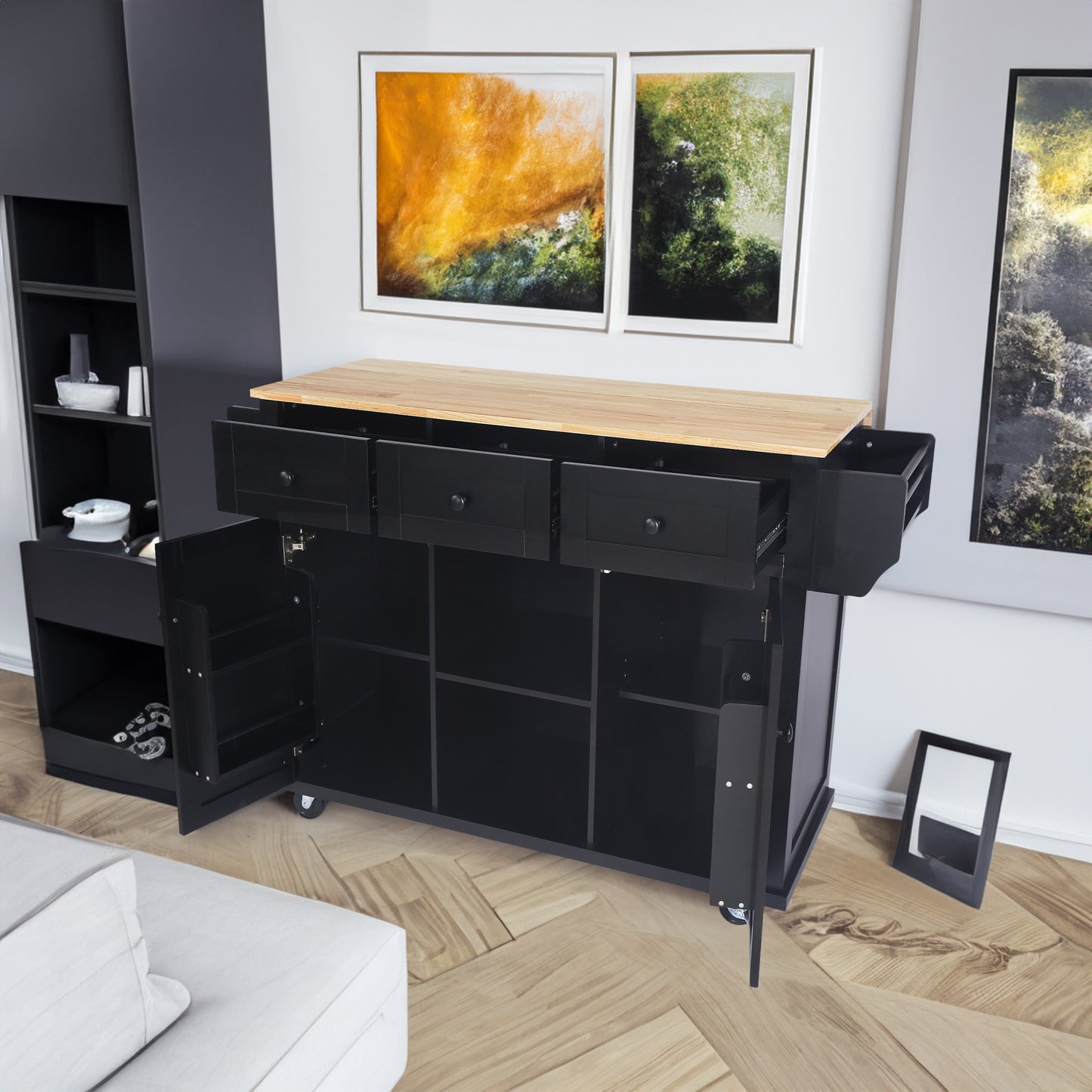 UltraLux Black Kitchen Trolley & Island | Rubber Wood | 5-Wheel - HomeDelight