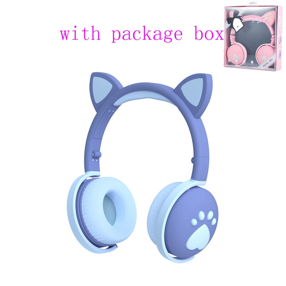 Bluetooth cat ear headphones in light blue with cute design and package box for fun listening