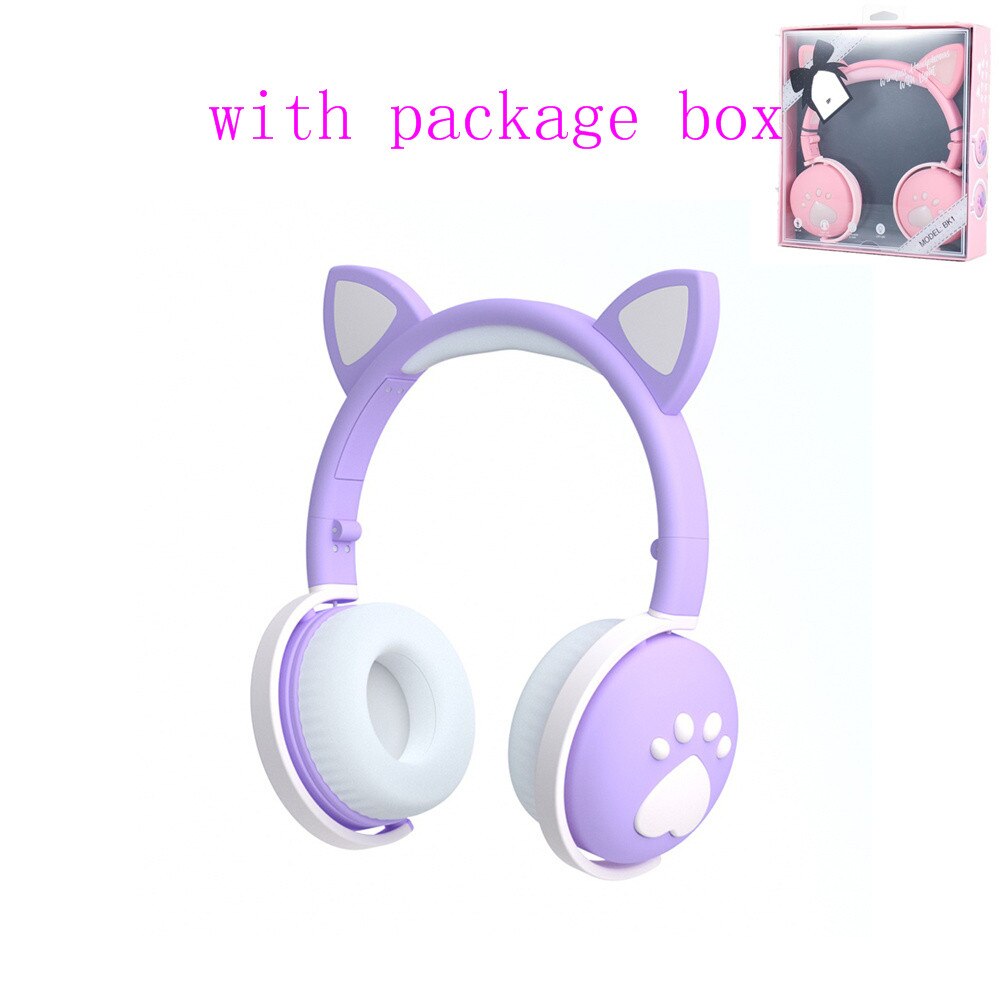 Bluetooth cat ear headphones in lavender color with soft cushioning and package box included