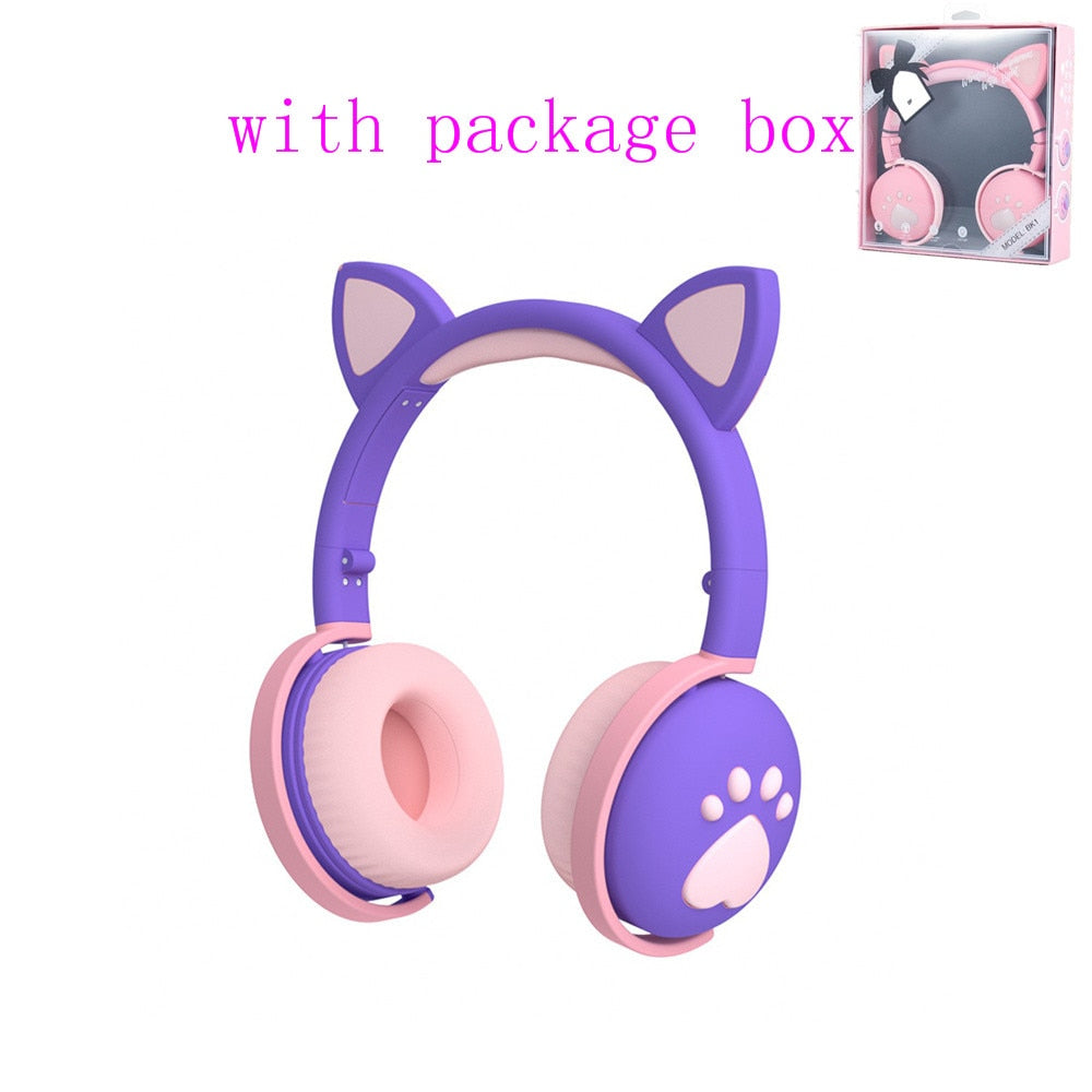 Bluetooth cat ear headphones in purple and pink with package box, perfect for stylish music lovers