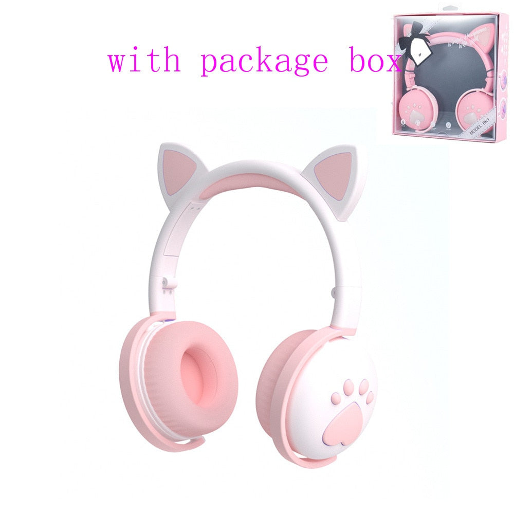 Cute Bluetooth cat ear headphones in pink with package box for stylish music lovers