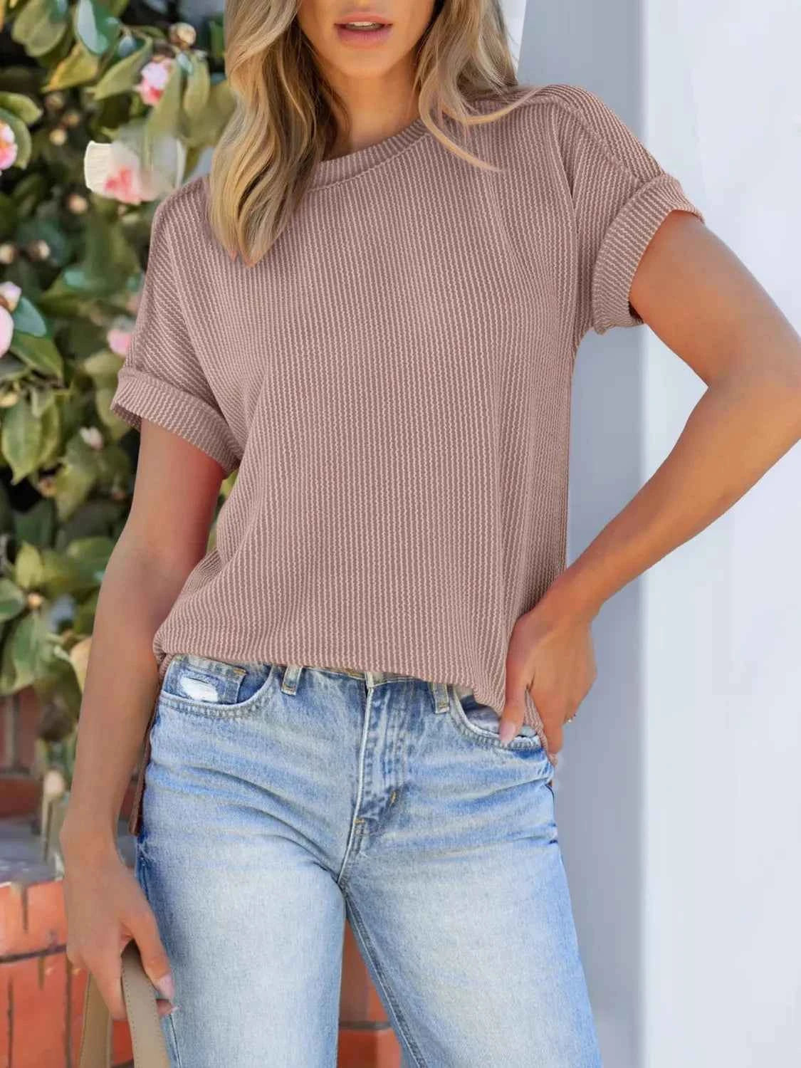 Round Neck Short Sleeve T-Shirt Camel