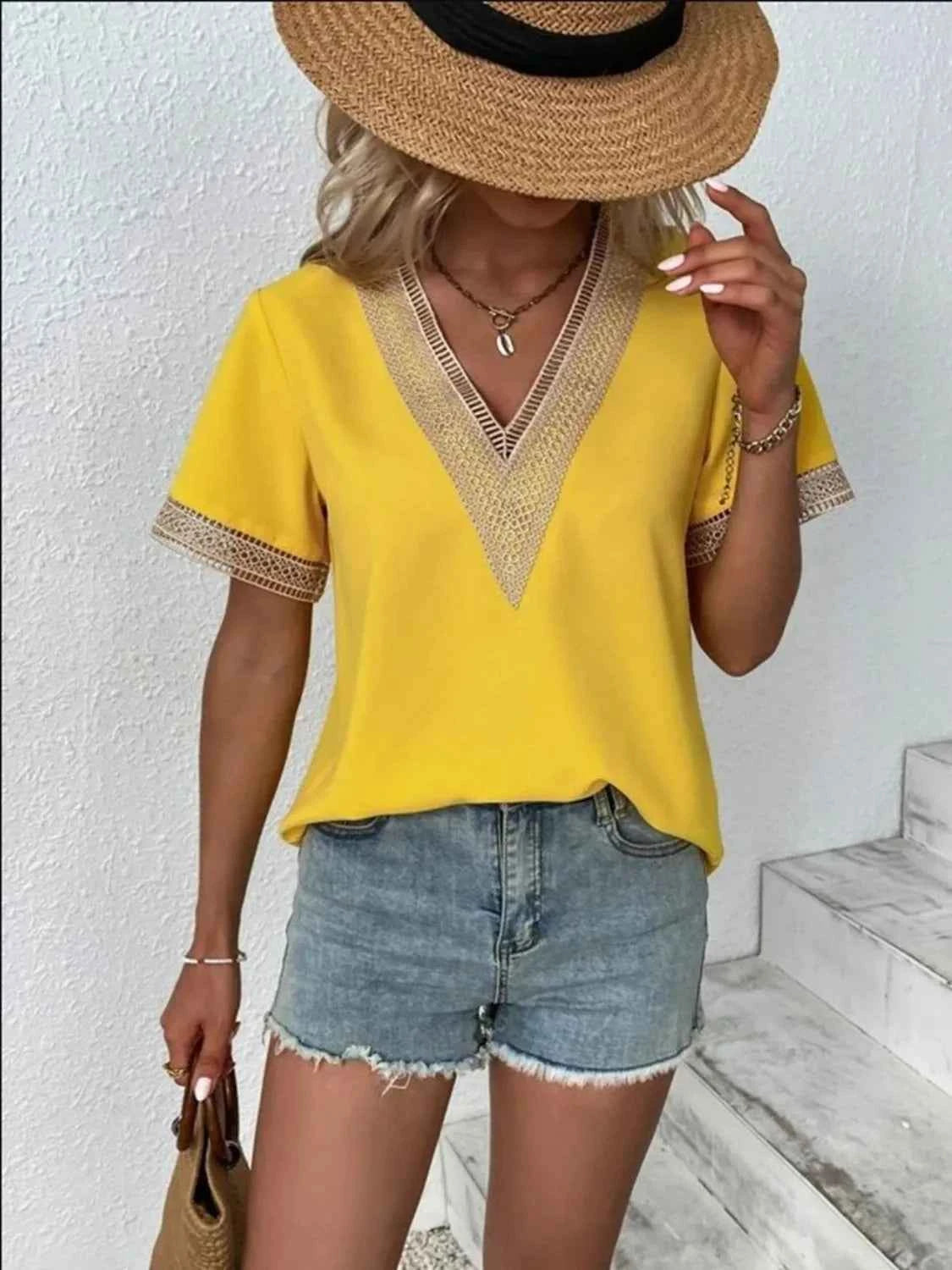 Full Size V-Neck Short Sleeve Blouse Plus Size