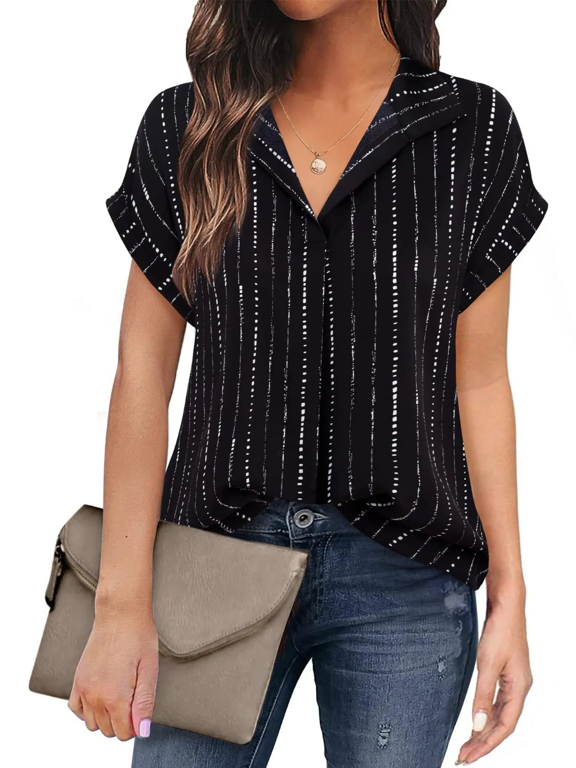 Collared Neck Short Sleeve Blouse Stripe
