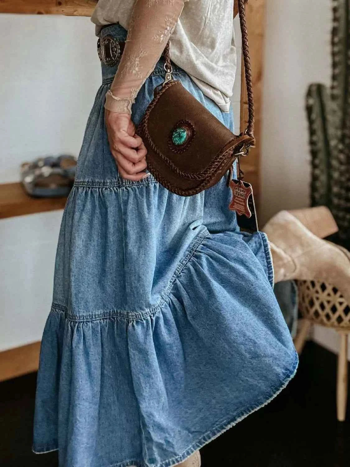 Ruched Button Fly Denim Skirt