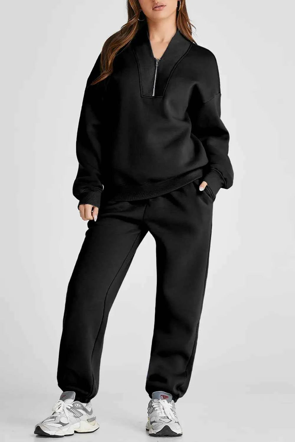 Premium Elite Quarter Zip Long Sleeve Top and Pants Set Black S