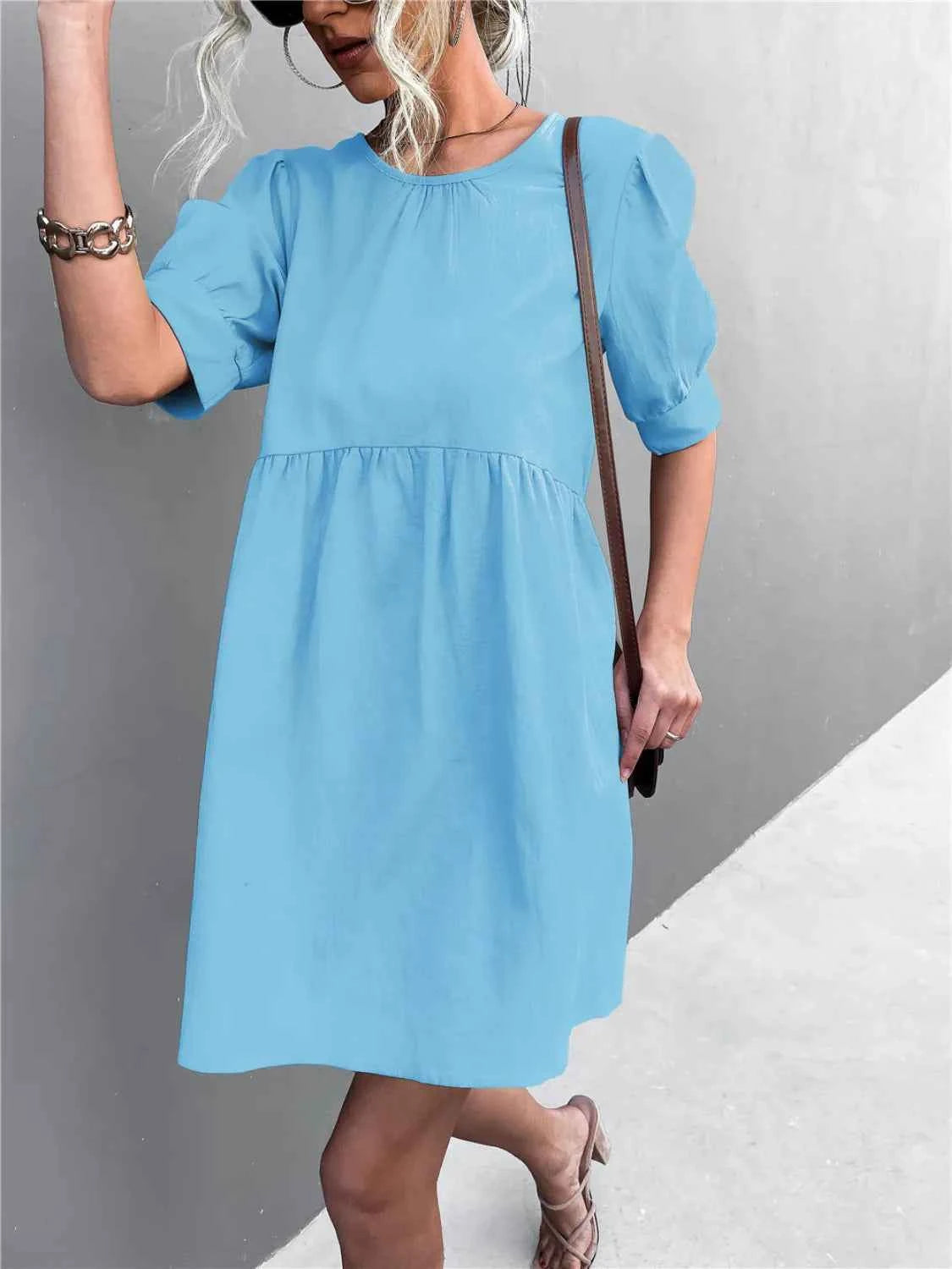 Round Neck Puff Sleeve Mini Dress