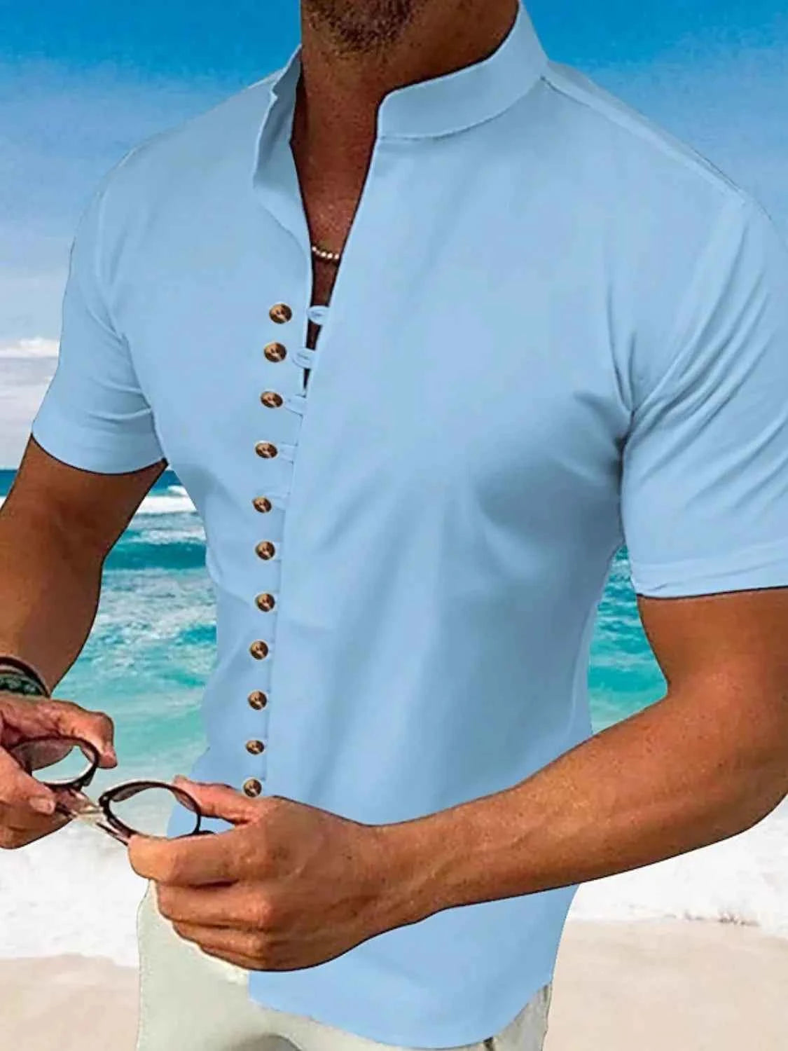 Men's Full Size Button Up Short Sleeve Shirt Plus Size Light Blue
