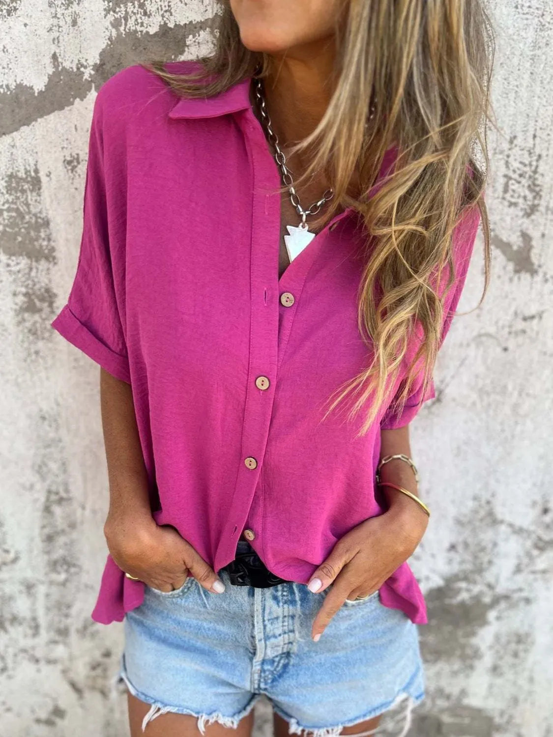 Full Size Collared Neck Half Sleeve Shirt Plus Size Red-Violet