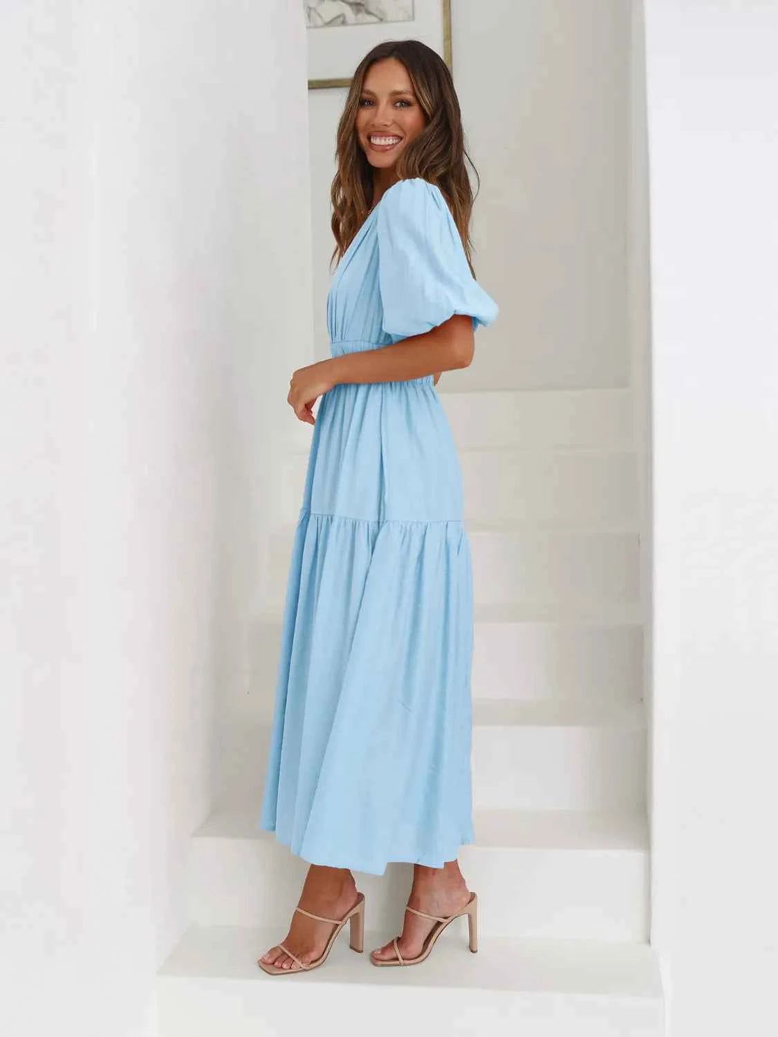 Surplice Half Puff Sleeve Midi Dress