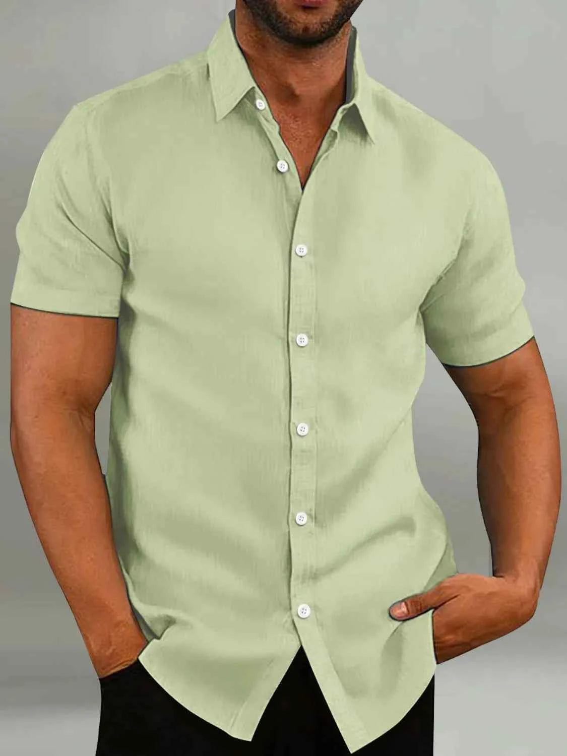 Men's Full Size Button Up Short Sleeve Shirt Plus Size Light Green