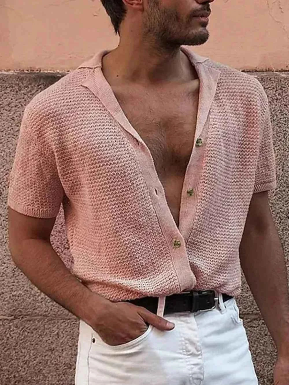Men's Full Size Button Down Short Sleeve Shirt Plus Size Dusty Pink