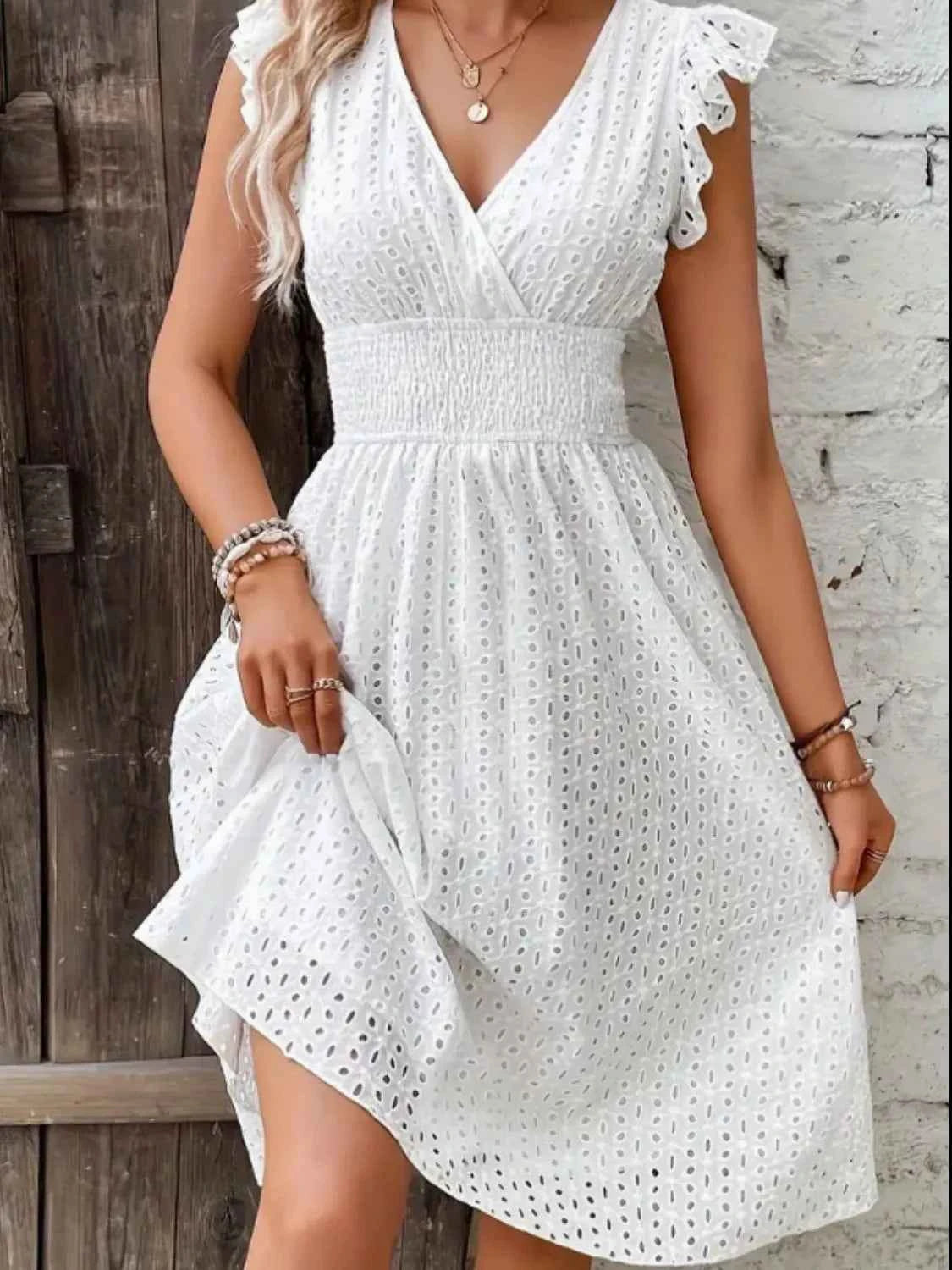 Eyelet Surplice Cap Sleeve Dress