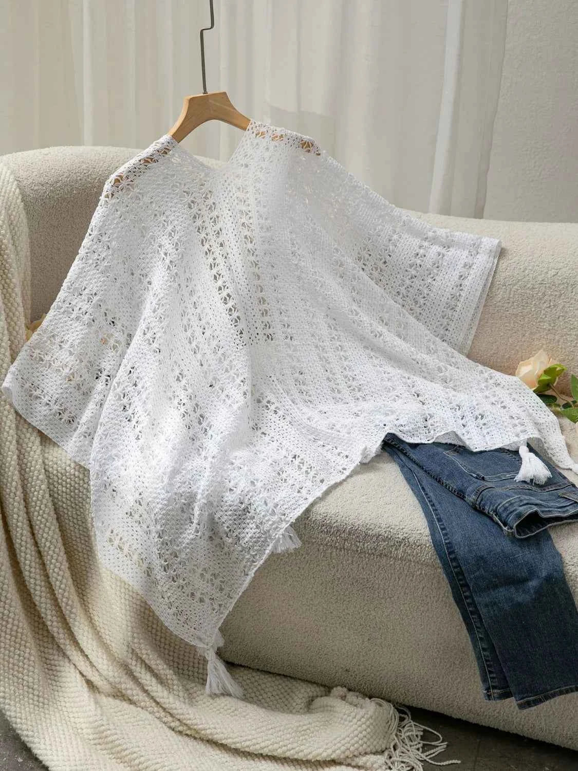 Openwork Tassel Open Front Knit Cover Up