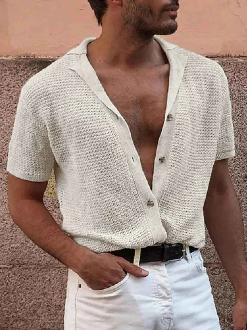 Men's Full Size Button Down Short Sleeve Shirt Plus Size Ivory