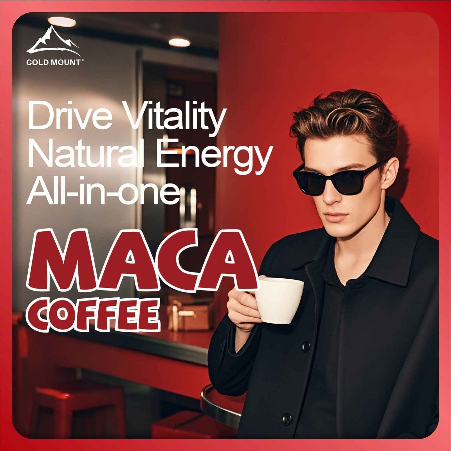 Maca root coffee blend by Cold Mount with a stylish man enjoying a cup in a modern setting