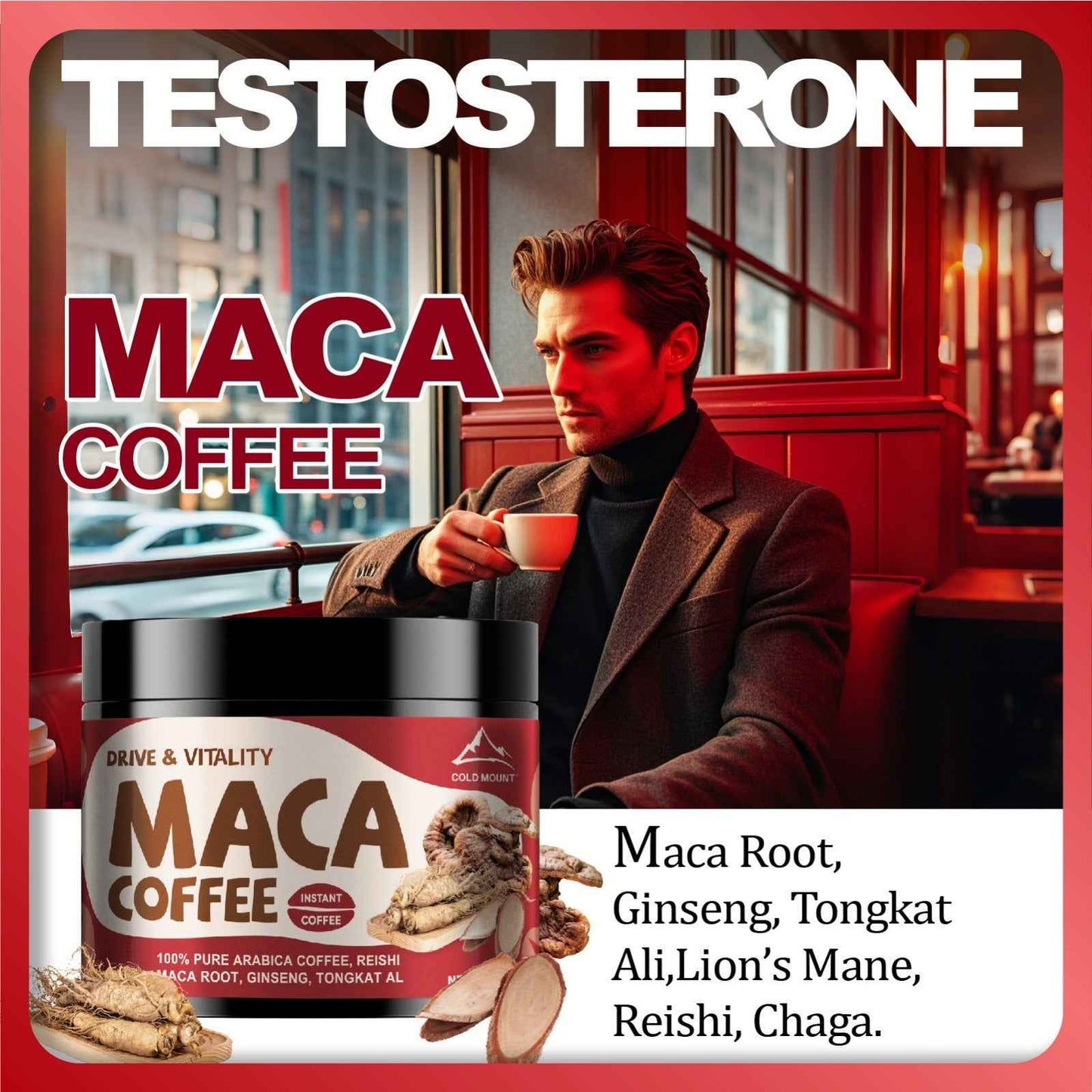 Maca root coffee blend featuring a man enjoying a cup, showcasing the product's vitality benefits