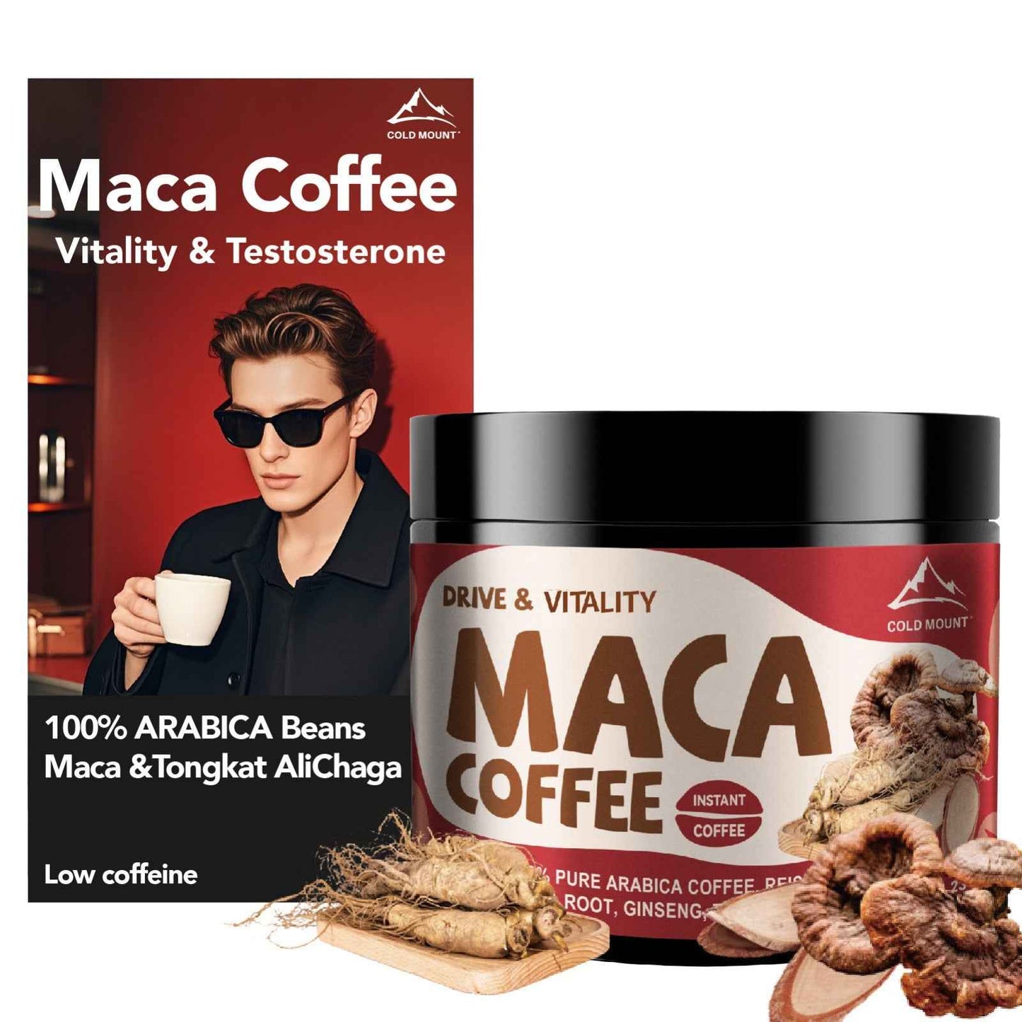 Maca root coffee blend with 100% Arabica beans, promoting vitality and testosterone support