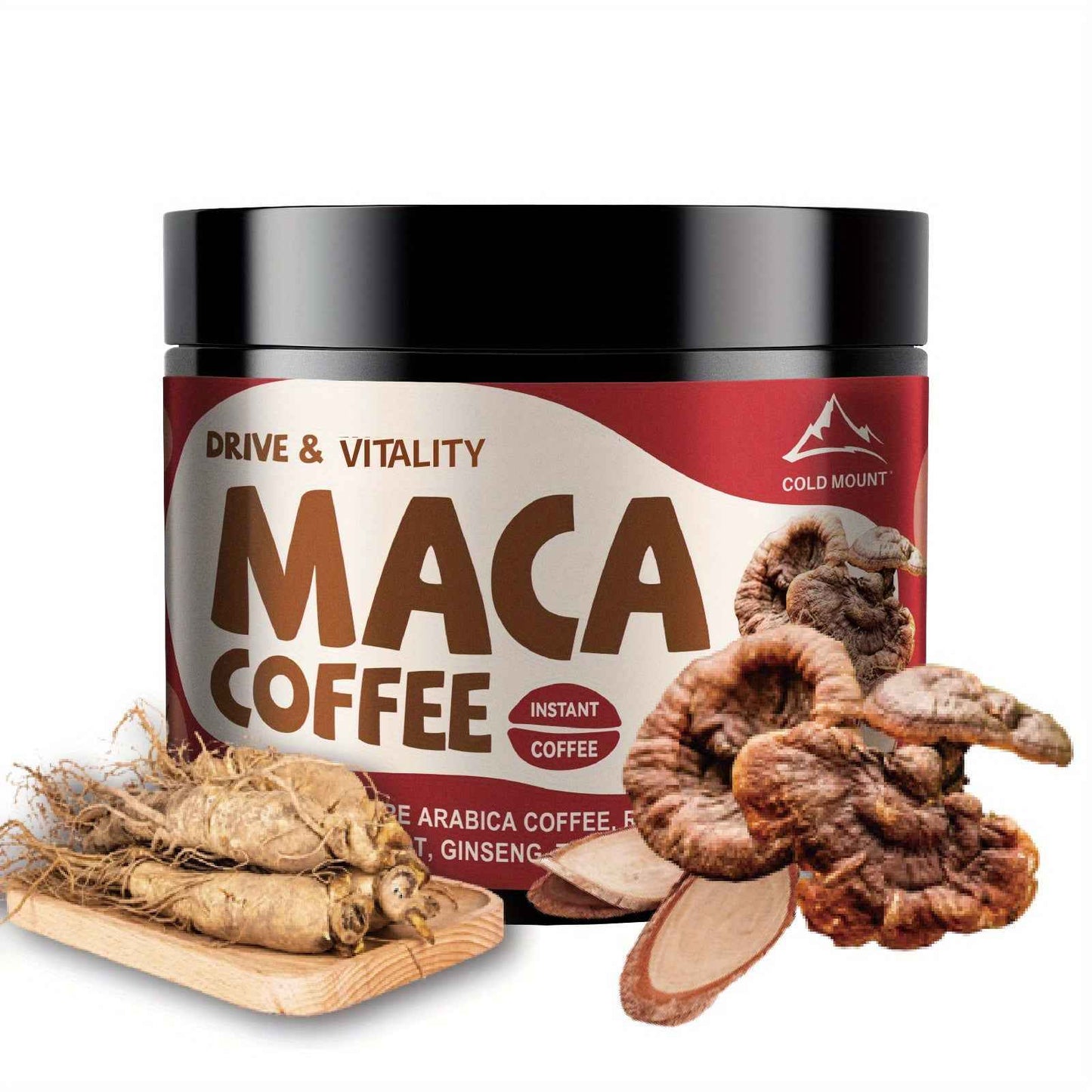 Maca root coffee blend jar featuring instant coffee with ginseng and natural herbs for energy and vitality