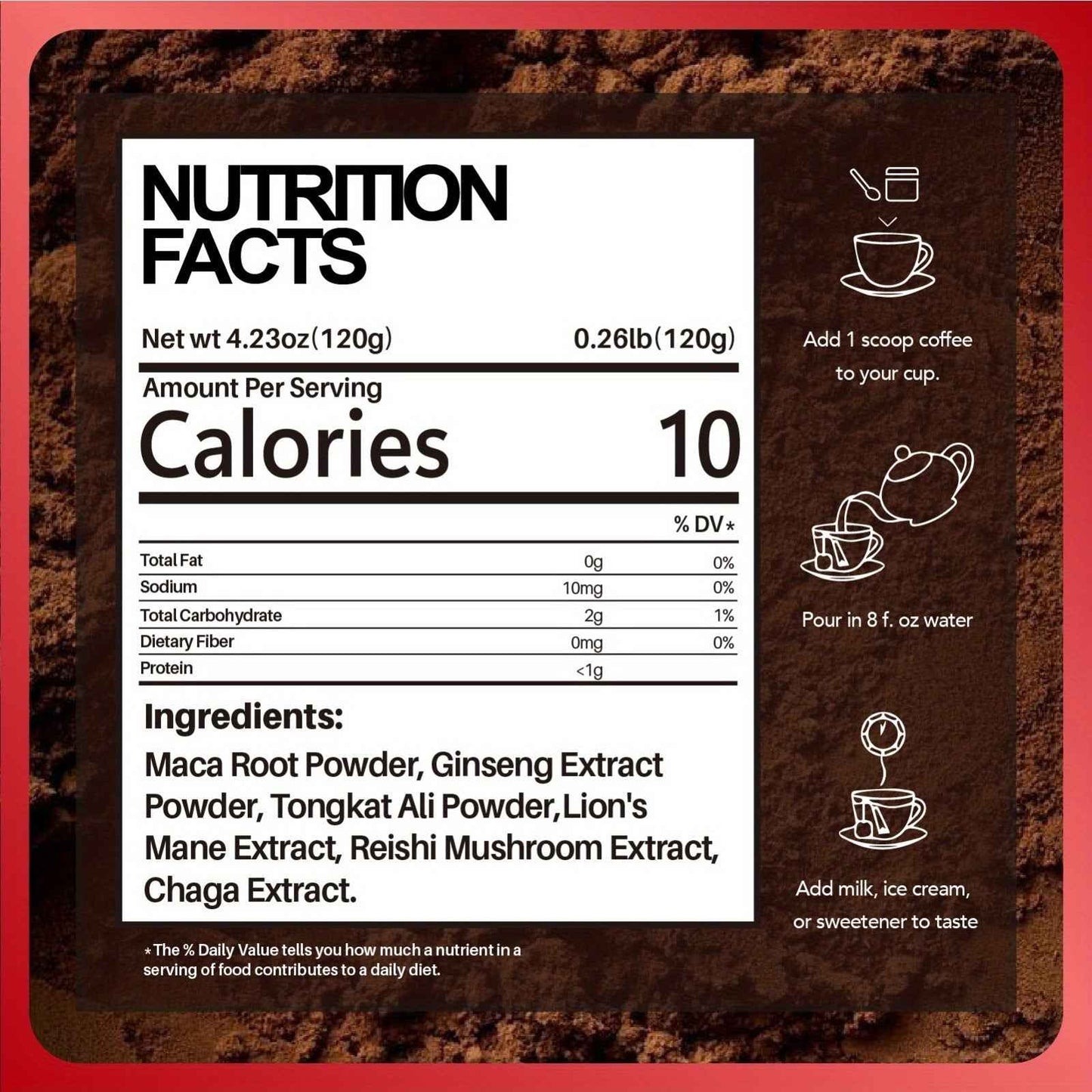 Nutrition facts label for Maca root coffee blend with ingredients including ginseng and mushroom extracts