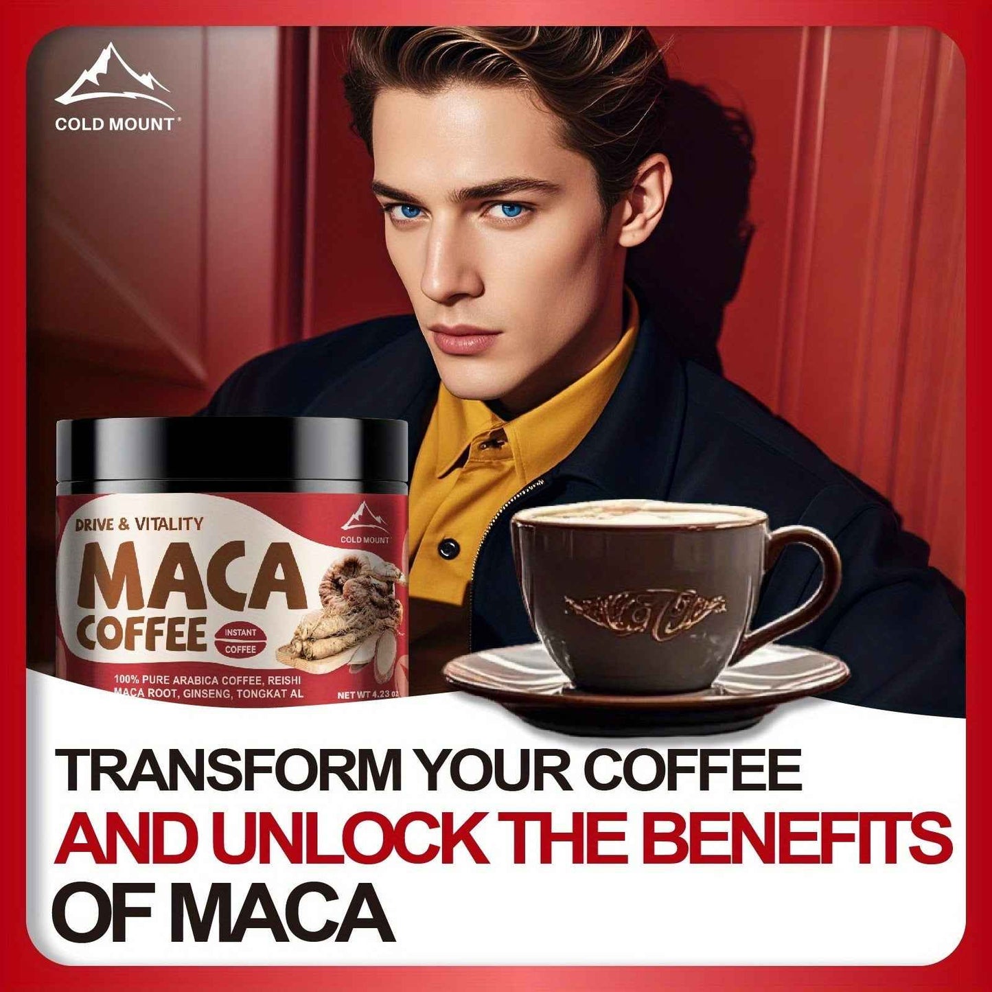 Maca root coffee blend in a cup with Cold Mount packaging for energy and vitality