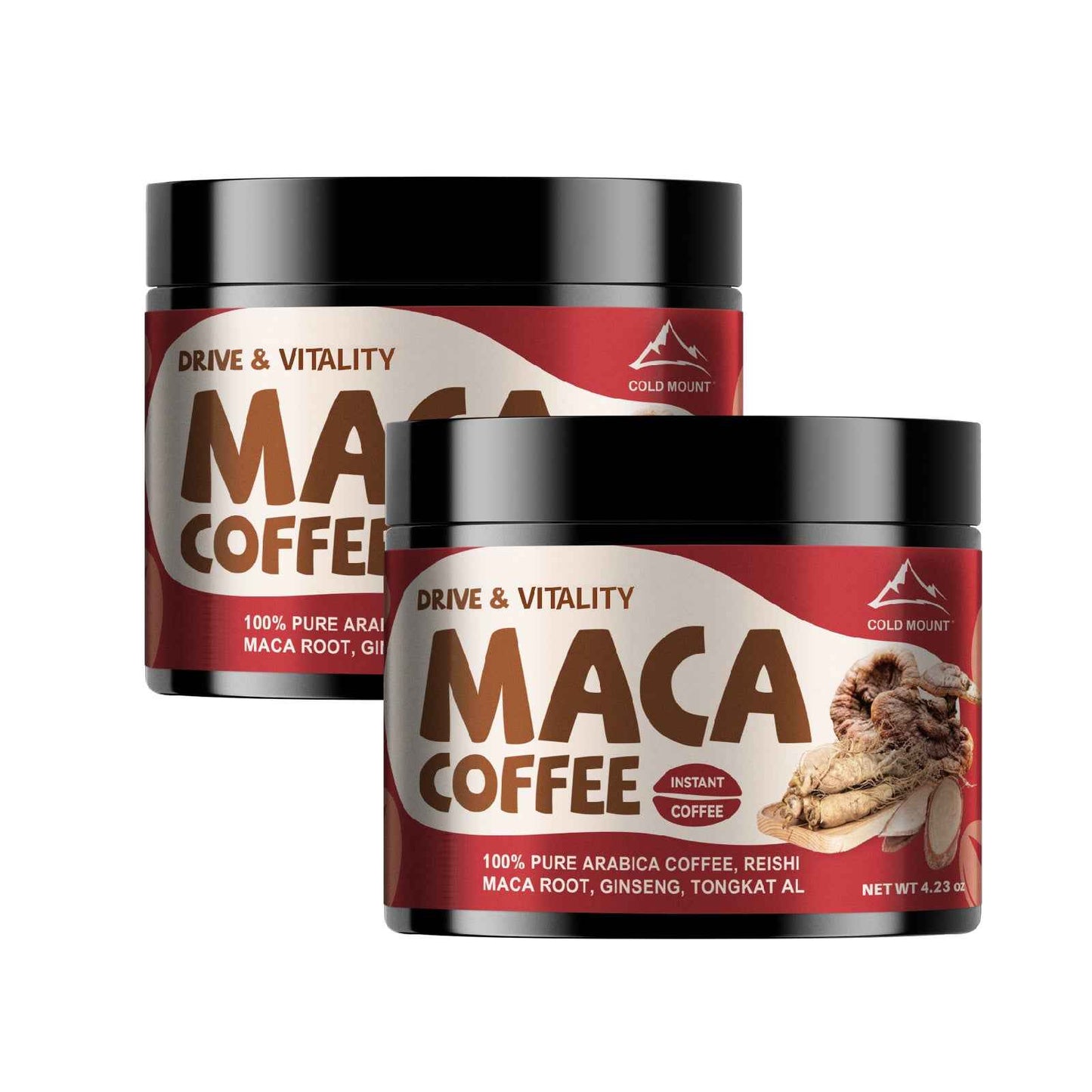 Maca root coffee blend jars featuring instant coffee with maca root, ginseng, and reishi for vitality