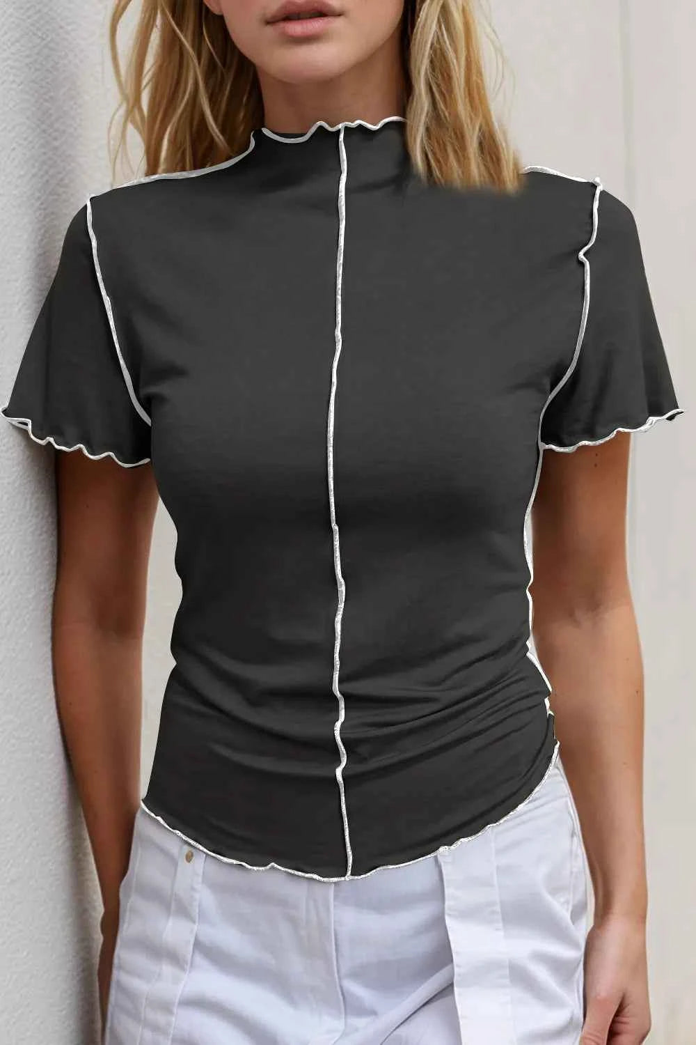 Contrast Trim Mock Neck T-Shirt in Pink Black