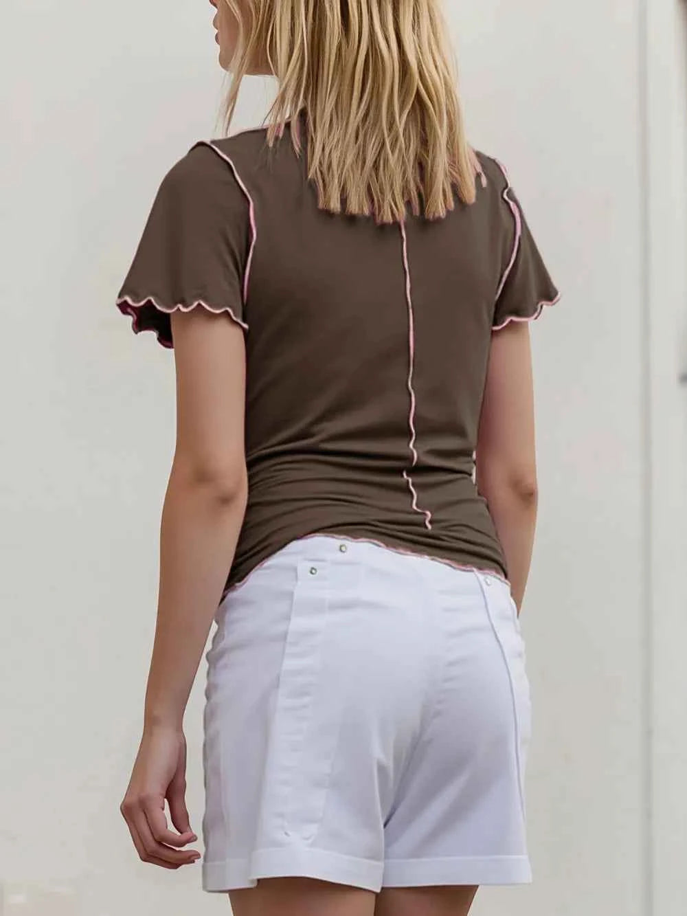 Contrast Trim Mock Neck T-Shirt in Pink