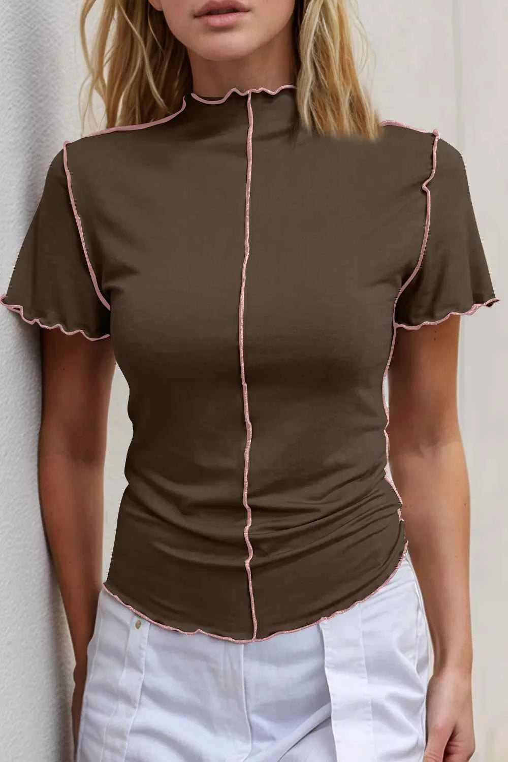 Contrast Trim Mock Neck T-Shirt in Pink Chocolate
