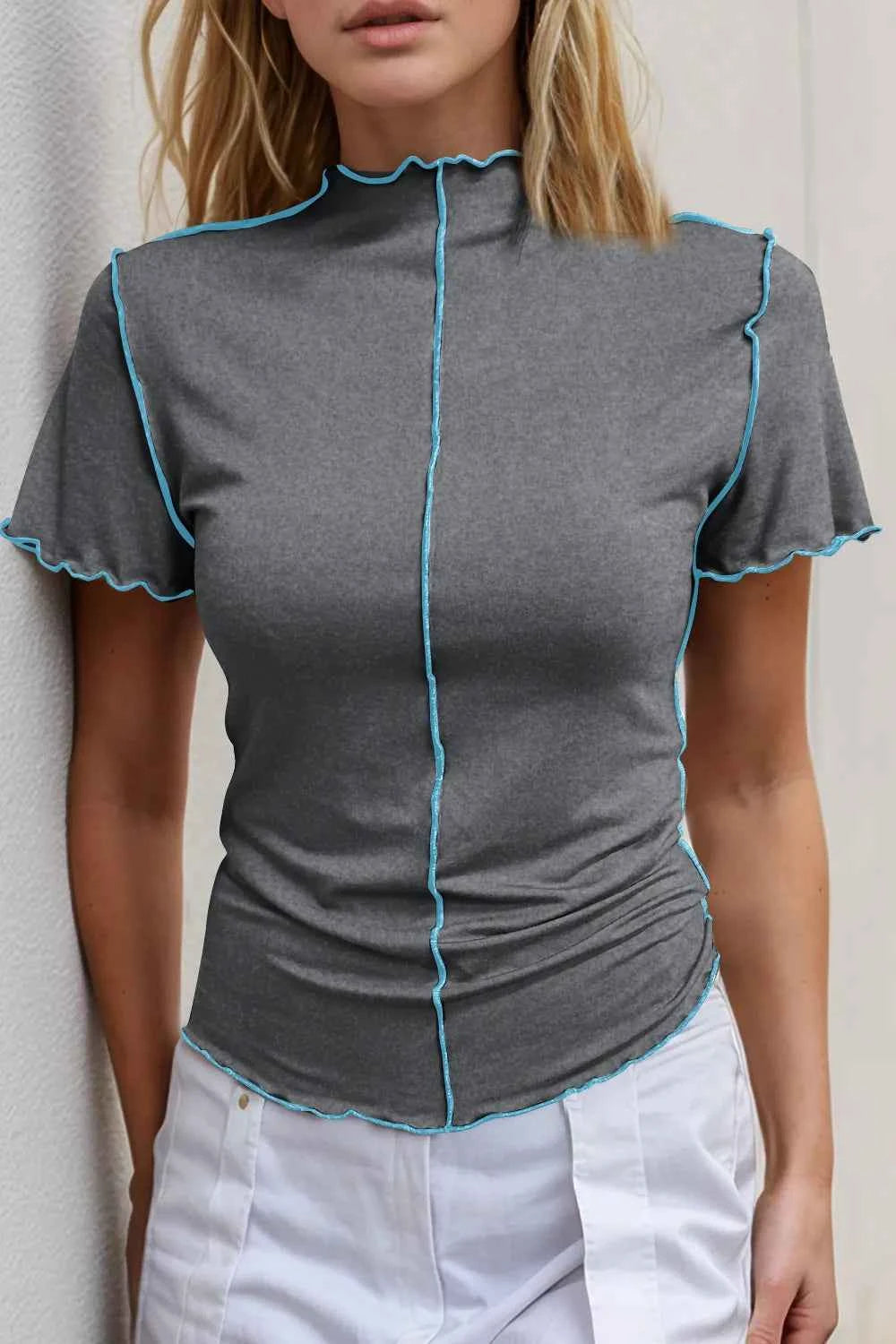 Contrast Trim Mock Neck T-Shirt in Pink Dark Gray