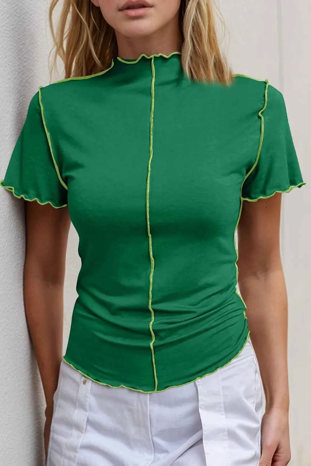 Contrast Trim Mock Neck T-Shirt in Pink Dark Green