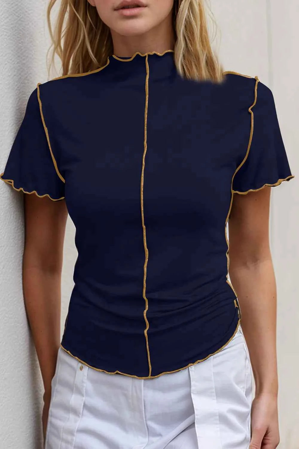 Contrast Trim Mock Neck T-Shirt in Pink Dark Navy