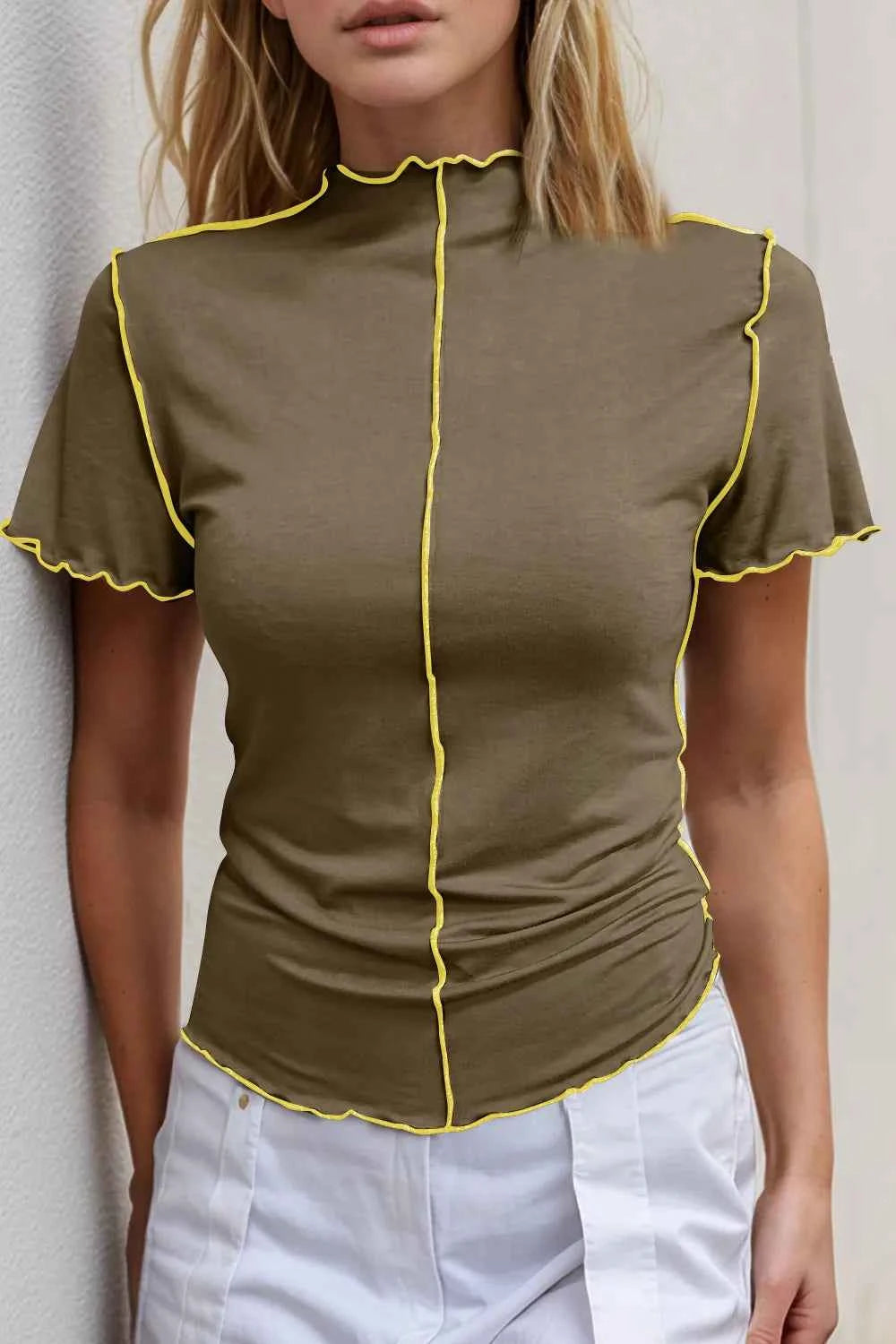 Contrast Trim Mock Neck T-Shirt in Pink Taupe