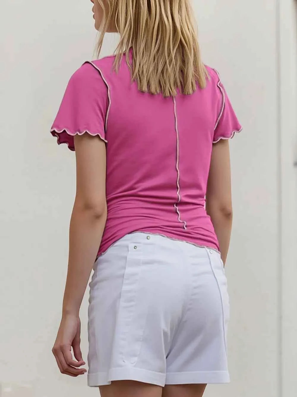Contrast Trim Mock Neck T-Shirt in Pink
