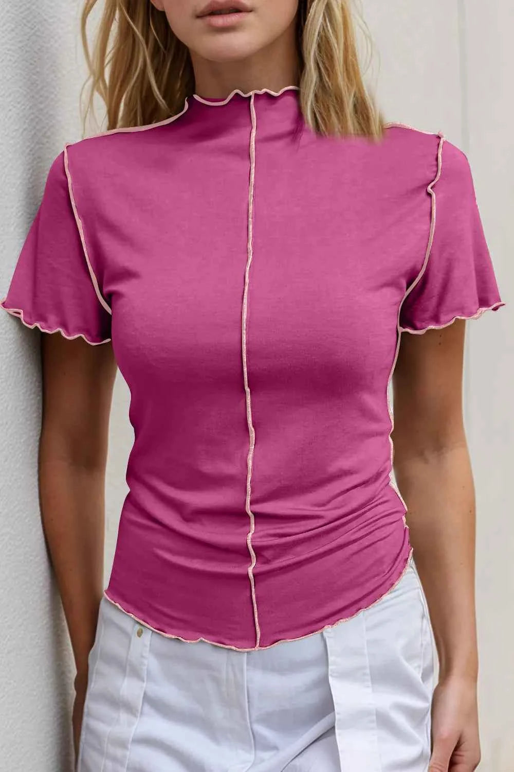 Contrast Trim Mock Neck T-Shirt in Pink Hot Pink