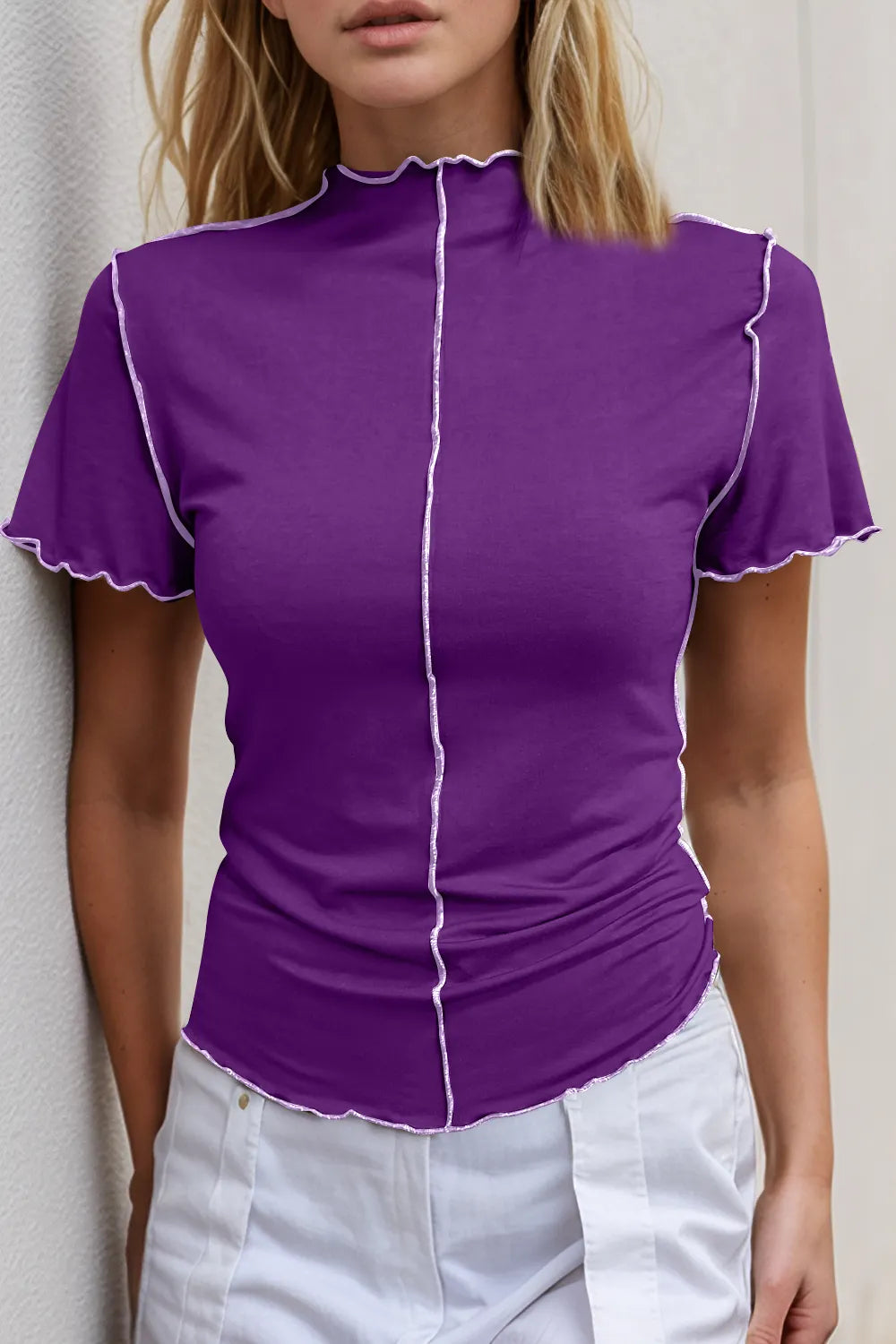 Signature Contrast Trim Mock Neck T-Shirt in Pink Purple