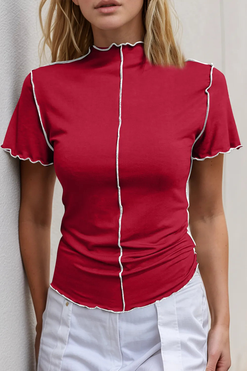 Contrast Trim Mock Neck T-Shirt in Pink Scarlet