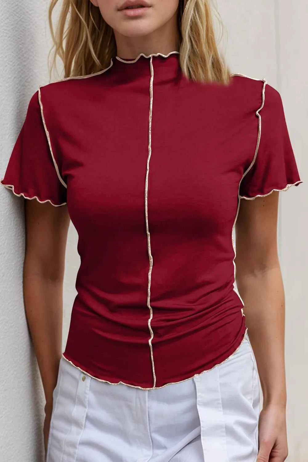 Contrast Trim Mock Neck T-Shirt in Pink Deep Red