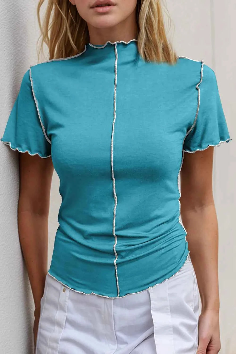 Contrast Trim Mock Neck T-Shirt in Pink Pastel Blue