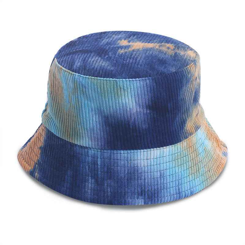 Corduroy tie dye fisherman hat in blue and orange hues for stylish outdoor wear