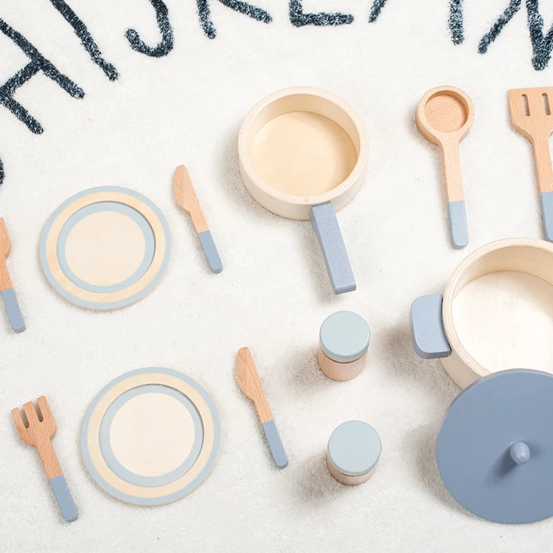 Wooden role-play chef set for kids with assorted utensils and pots for imaginative cooking fun