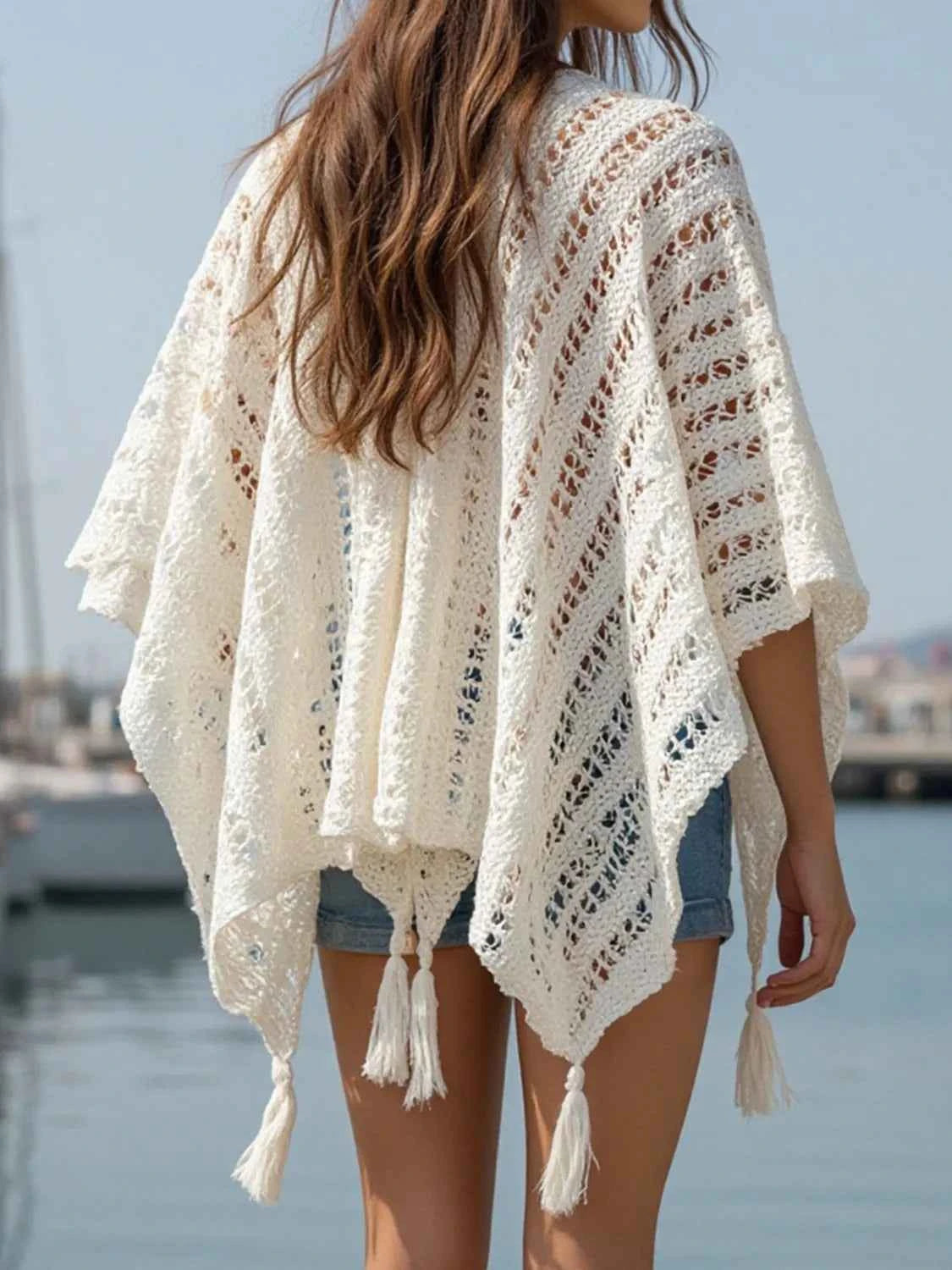 Openwork Tassel Open Front Knit Cover Up